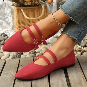 Gros plan de ballerines Mary Jane rouges rétro en daim à bout pointu avec deux brides.