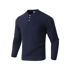 Navy blue long-sleeve Henley shirt with waffle texture and chest pocket for men