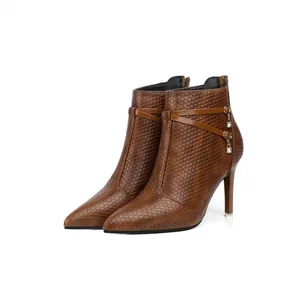 Elegant brown textured stiletto ankle boots with pointed toe and sparkling crystal charms.