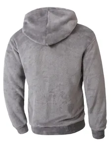 Back view of a grey fuzzy fleece hoodie showing soft texture and ribbed hem details.