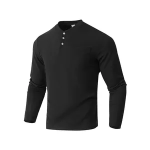 Classic black men's long-sleeve Henley shirt featuring waffle texture and chest pocket