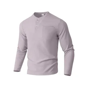 Men's long sleeve waffle knit Henley shirt in light purple with chest pocket