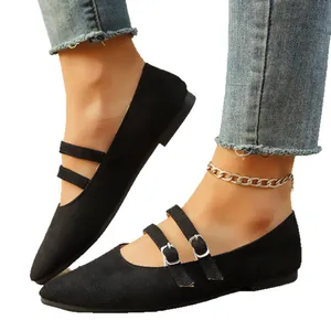 Ballerines Mary Jane vintage à bout pointu noir avec doubles brides pour femmes
