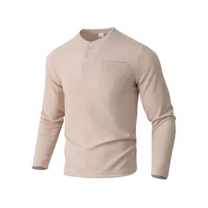 Men's Casual Long Sleeve Henley Shirt Waffle Knit Chemical Fiber Blend Button Up Top With Chest Pocket Solid Color Clothing