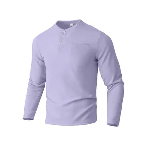 Premium men's casual waffle knit long sleeve Henley shirt in light purple with pocket