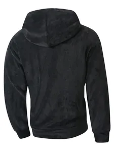 Back view of a black plush hooded sweatshirt featuring soft warm fleece fabric texture