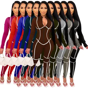 Combinaison Ajustée Sexy à Manches Longues pour Femmes Liseré Contrastant Col Montant Zippé Barboteuse Une Pièce Streetwear