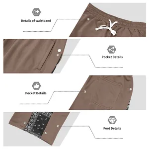 Detail view of men's loose paisley pants showing waistband, pockets, and snap buttons