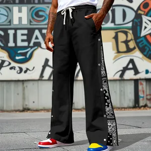 Men's loose sweatpants with side snap buttons and paisley pattern panel streetwear