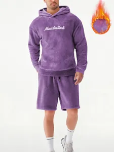 Purple fleece hoodie and shorts set with Muscleattack embroidery for men's casual wear.