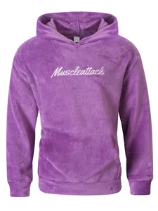 Soft purple plush fleece hoodie featuring white 'Muscleattack' embroidery and kangaroo pocket