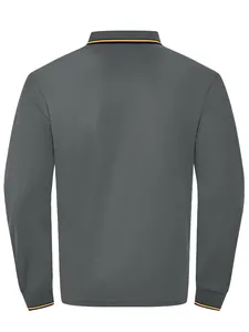 Vue arrière du polo à manches longues gris foncé pour homme avec col et poignets rayés.