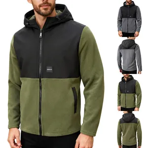 Men's color-block hooded fleece jacket with full zip and pockets in green and grey.