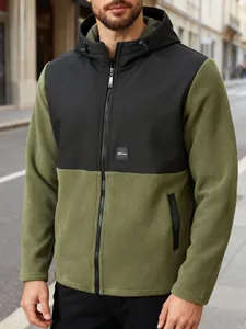 Men Casual Color Block Polar Fleece Hoodie Jacket Zipper Cardigan Warm Winter Outerwear Top With Letter Embroidery For Outdoor