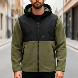 Front view of men's olive green and black color-block fleece hooded jacket on a model