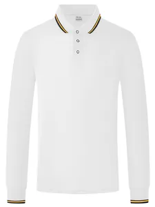 Vue détaillée d'un polo blanc à manches longues pour hommes avec col et poignets rayés