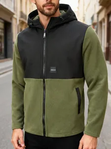 Men's two-tone polar fleece hooded jacket with zipper closure in olive and black