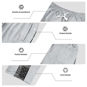 Detailed views of grey paisley snap button sweatpants waistband, pockets and leg opening
