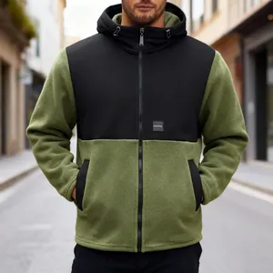 Men's two-tone polar fleece hoodie jacket with full zip in olive green and black