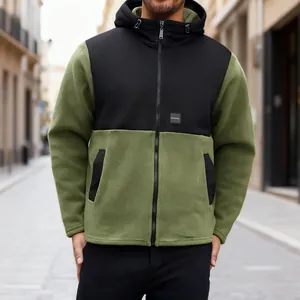 Close-up of men's olive green and black color-block fleece hooded jacket with zipper