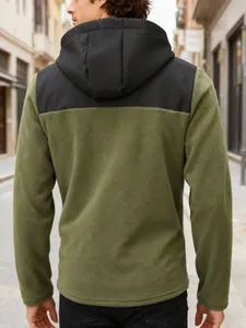 Rear view of a men's green and black hooded fleece jacket with a comfortable fit.