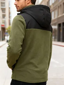 Rear view of men's olive green and black color-block polar fleece hoodie jacket