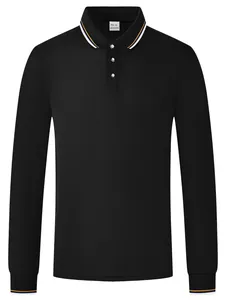 Polo noir à manches longues pour hommes avec col rayé et maille piquée respirante