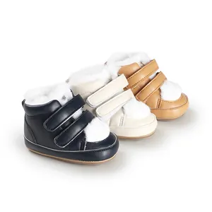 Detailed view of winter warm baby boots with plush fur lining and Velcro straps in three colors