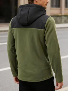 Back view of a men's olive green and black fleece hooded jacket for autumn winter