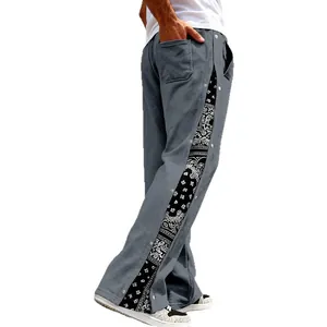 Men's heavyweight hip-hop straight leg pants with bandana print and side snap buttons