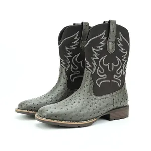 Klassische Western-Cowboystiefel für Herren mit Straußenstruktur und Flammenstickerei