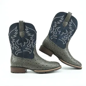 Retro Western-Cowboystiefel für Herren mit Straußenstruktur und blauer Flammenstickerei
