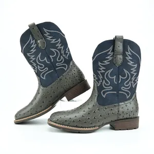 Western Herren-Cowboystiefel mit Straußenprint und blau besticktem Schaft-Detail