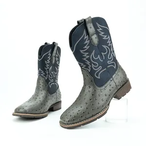 Herren Retro-Western-Cowboystiefel mit blauer Stickerei und grauer Straußenstruktur
