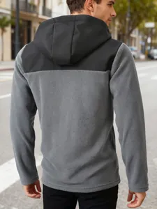 Men's grey and black color-blocked polar fleece hoodie for autumn winter wear.