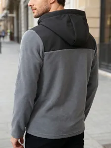 Detailed back view of a men's gray and black two-tone fleece hooded zip-up sweatshirt