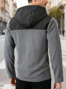 Back view of men's color block fleece hoodie in grey and black