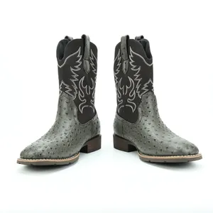 Retro men's cowboy boots with grey ostrich embossed leather and embroidered shaft details