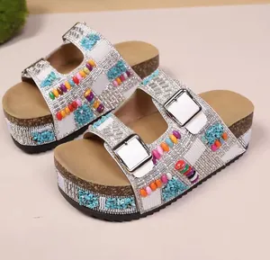 Stylish bohemian rhinestone double buckle platform sandals with cork sole and colorful beads