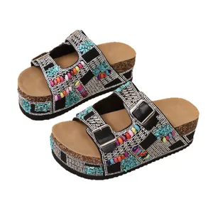 Women's rhinestone double-buckle platform sandals with colorful beads and cork soles