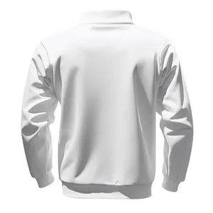 Back view showing the fabric texture and standing collar of a white men's sweatshirt