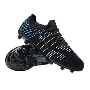 Men's professional black soccer cleats featuring blue stripes and long studs for training