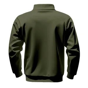 Detailed back view of men's heavy olive green fleece sweatshirt for winter warmth