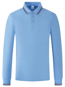 Polo de golf à manches longues pour hommes bleu clair à séchage rapide avec col rayé