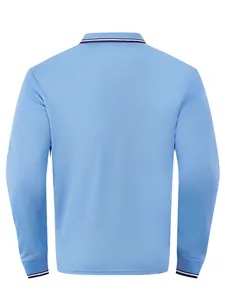 Vue arrière d'un polo à manches longues bleu clair avec col et poignets rayés détail