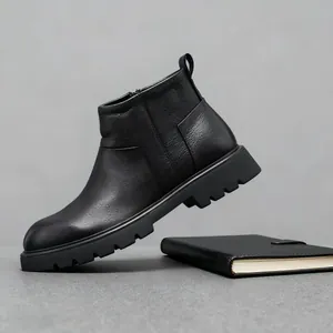 Boots Chelsea Homme en Cuir de Vachette de Première Couche 2025 Bottes Hautes en Cuir Plateforme Martens Avec Fermeture Éclair