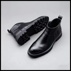 Bottines Chelsea en cuir noir véritable de qualité pour hommes à semelle épaisse
