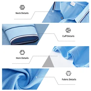 Détails de la texture respirante, du col et des poignets du polo de golf bleu ciel pour hommes