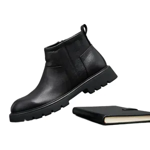 Bottines Chelsea pour hommes en cuir de vachette noir avec semelle épaisse et fermeture éclair