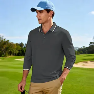 Polo de golf premium à manches longues pour homme gris foncé avec col rayé sur un terrain
